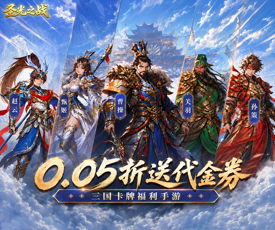 三国卡牌手游《圣光之战（0.05折三国送金券）》上线就送海量免充金票！——超低手游折扣充值